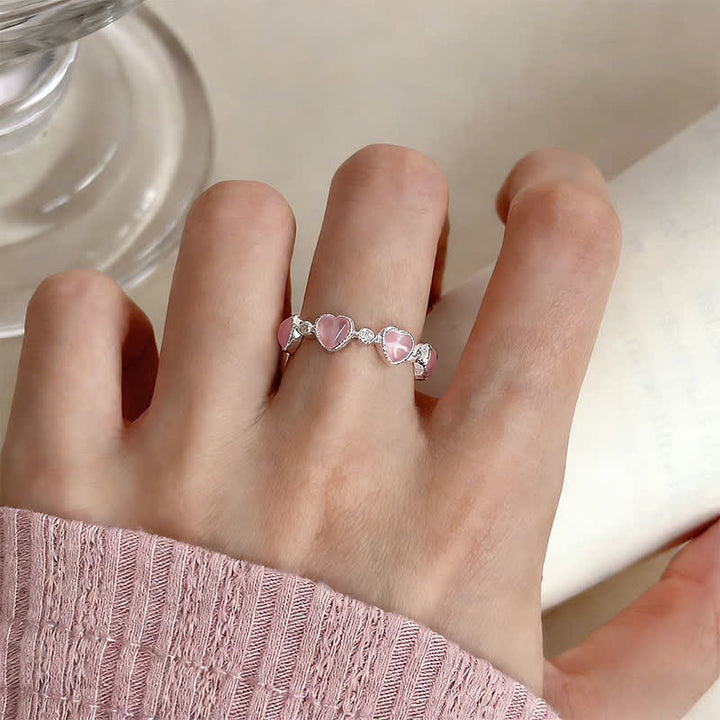 Buddha Stones 925 Sterling Silver Pink Cat's Eye Heart Design Adjustable Love Ring - image 10