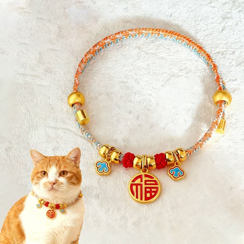 Buddha Stones Colorful String Bead Plaited Fu Character Protection Adjustable Cats Dogs Pet Collar - image 2
