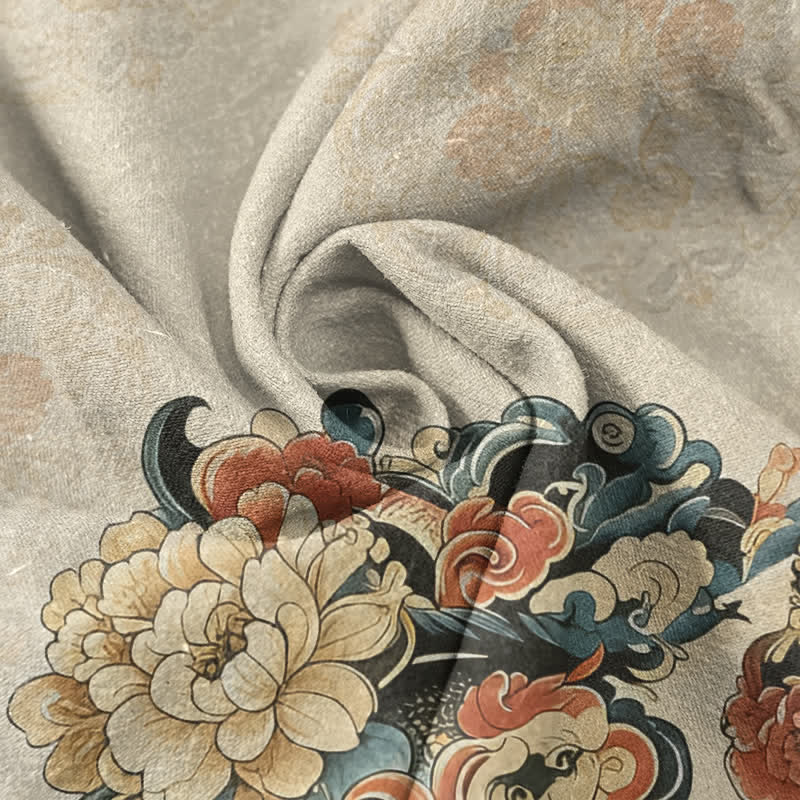 Buddha Stones Cotton Oriental Peony Phoenix Pattern Men's Short Sleeve Half Button Shirt - image 2