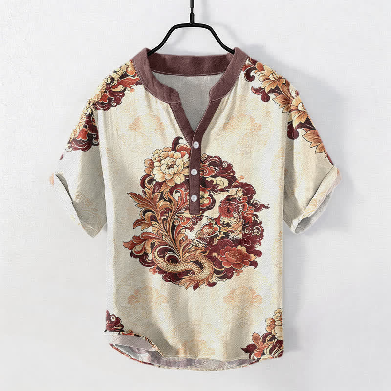 Buddha Stones Cotton Oriental Peony Phoenix Pattern Men's Short Sleeve Half Button Shirt - Brown - US/UK/AU50，EU60 (5XL) - image 3