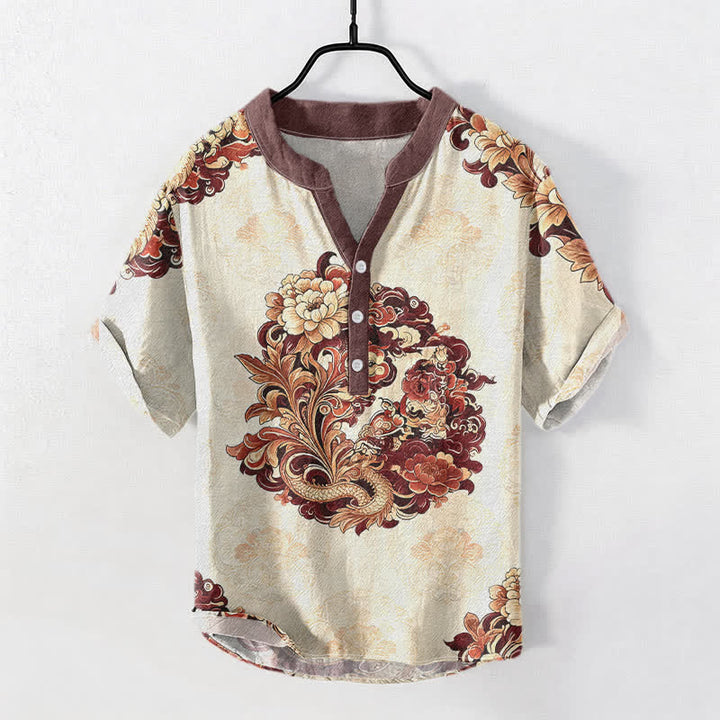 Buddha Stones Cotton Oriental Peony Phoenix Pattern Men's Short Sleeve Half Button Shirt - Brown - US/UK/AU50，EU60 (5XL) - image 3