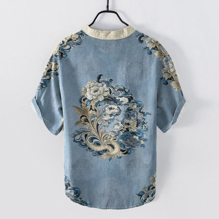 Buddha Stones Cotton Oriental Peony Phoenix Pattern Men's Short Sleeve Half Button Shirt - image 6