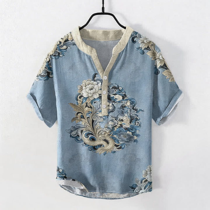 Buddha Stones Cotton Oriental Peony Phoenix Pattern Men's Short Sleeve Half Button Shirt - LightBlue - US/UK/AU50，EU60 (5XL) - image 5
