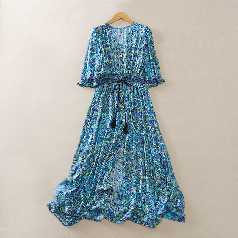 Buddha Stones Summer Peacock Paisley Tie Waist Viscose Lantern Sleeves Maxi Dress - Turquoise - US12，UK/AU16，EU44 (XL) - image 0