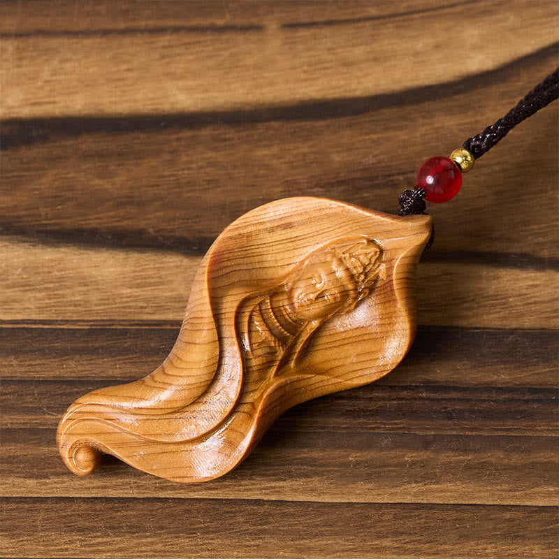 Buddha Stones Guanyin Kwan Yin Avalokiteśvara Lotus Leaf Platycladus Orientalis Wood Wealth Necklace Pendant - image 2
