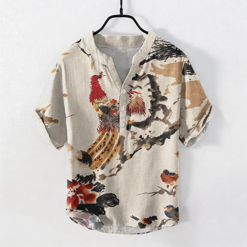 Buddha Stones Cotton Rooster Floral Ink Pattern Men's Short Sleeve Half Button Shirt - Linen - US/UK/AU50，EU60 (5XL) - image 0