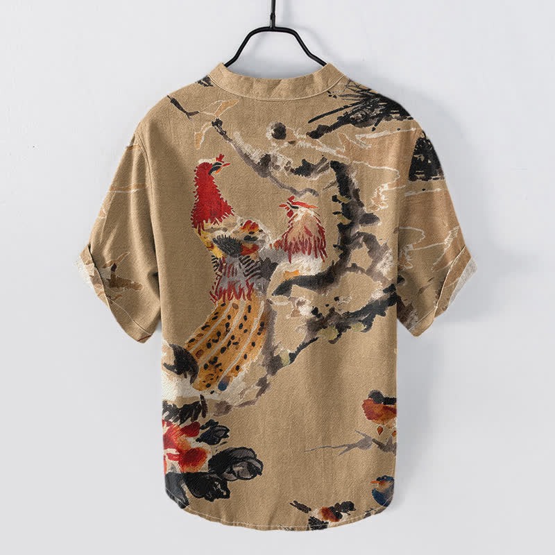 Buddha Stones Cotton Rooster Floral Ink Pattern Men's Short Sleeve Half Button Shirt - image 4