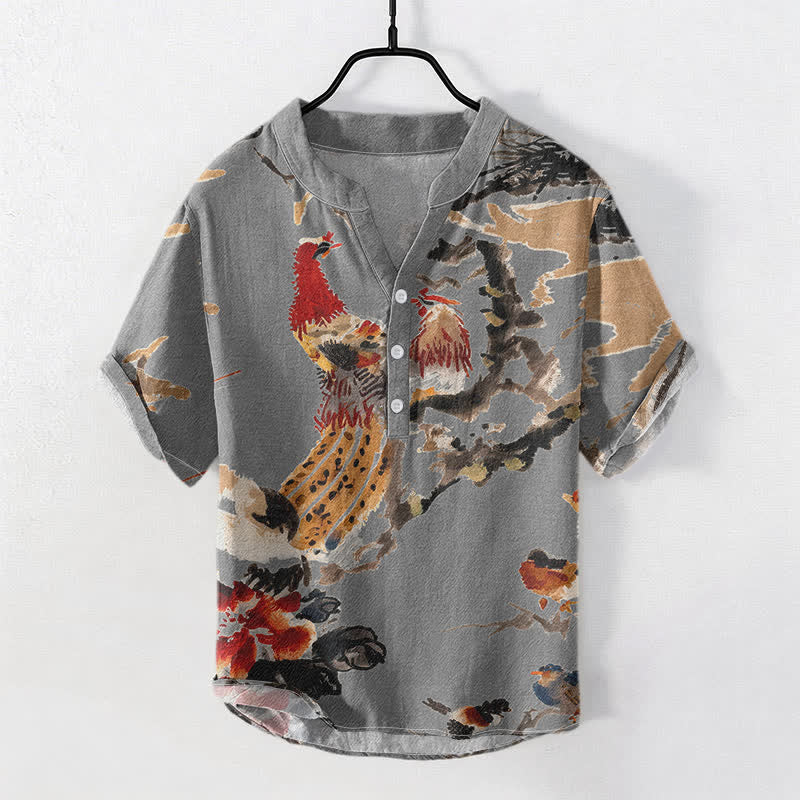 Buddha Stones Cotton Rooster Floral Ink Pattern Men's Short Sleeve Half Button Shirt - DarkGray - US/UK/AU50，EU60 (5XL) - image 5