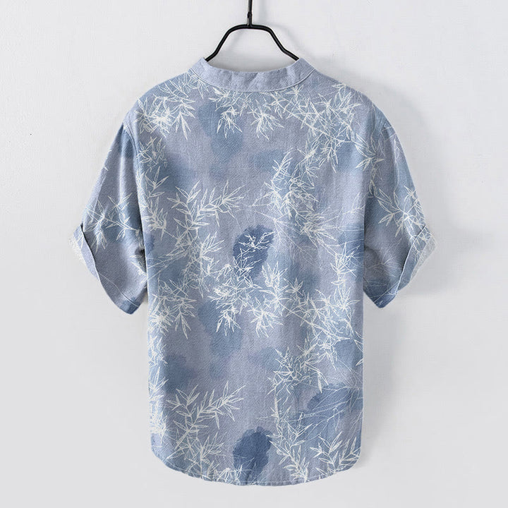 Buddha Stones Cotton Bamboo Leaf Pattern Men's Short Sleeve Half Button Shirt - image 4