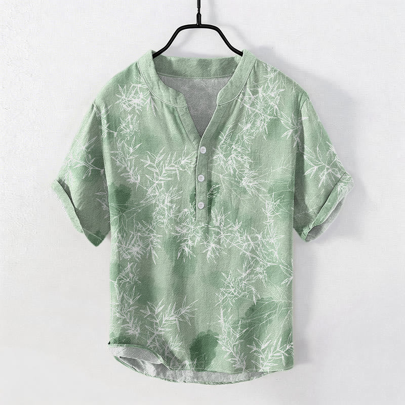 Buddha Stones Cotton Bamboo Leaf Pattern Men's Short Sleeve Half Button Shirt - LightGreen - US/UK/AU50，EU60 (5XL) - image 5