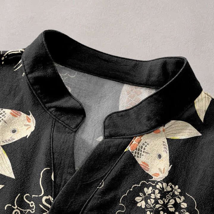 Buddha Stones Cotton Koi Fish Ripple Pattern Men's Short Sleeve Half Button Shirt - image 2