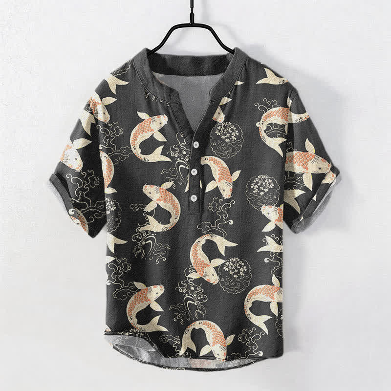 Buddha Stones Cotton Koi Fish Ripple Pattern Men's Short Sleeve Half Button Shirt - Black - US/UK/AU50，EU60 (5XL) - image 0