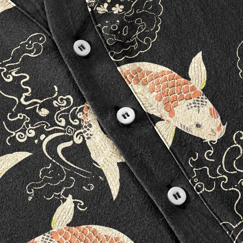 Buddha Stones Cotton Koi Fish Ripple Pattern Men's Short Sleeve Half Button Shirt - image 3