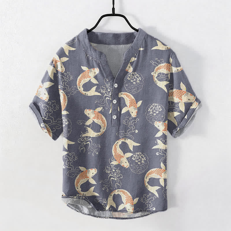 Buddha Stones Cotton Koi Fish Ripple Pattern Men's Short Sleeve Half Button Shirt - SlateGray - US/UK/AU50，EU60 (5XL) - image 5