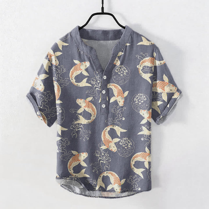 Buddha Stones Cotton Koi Fish Ripple Pattern Men's Short Sleeve Half Button Shirt - SlateGray - US/UK/AU50，EU60 (5XL) - image 5