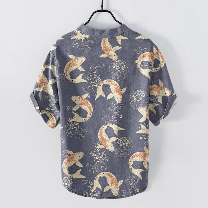 Buddha Stones Cotton Koi Fish Ripple Pattern Men's Short Sleeve Half Button Shirt - image 6