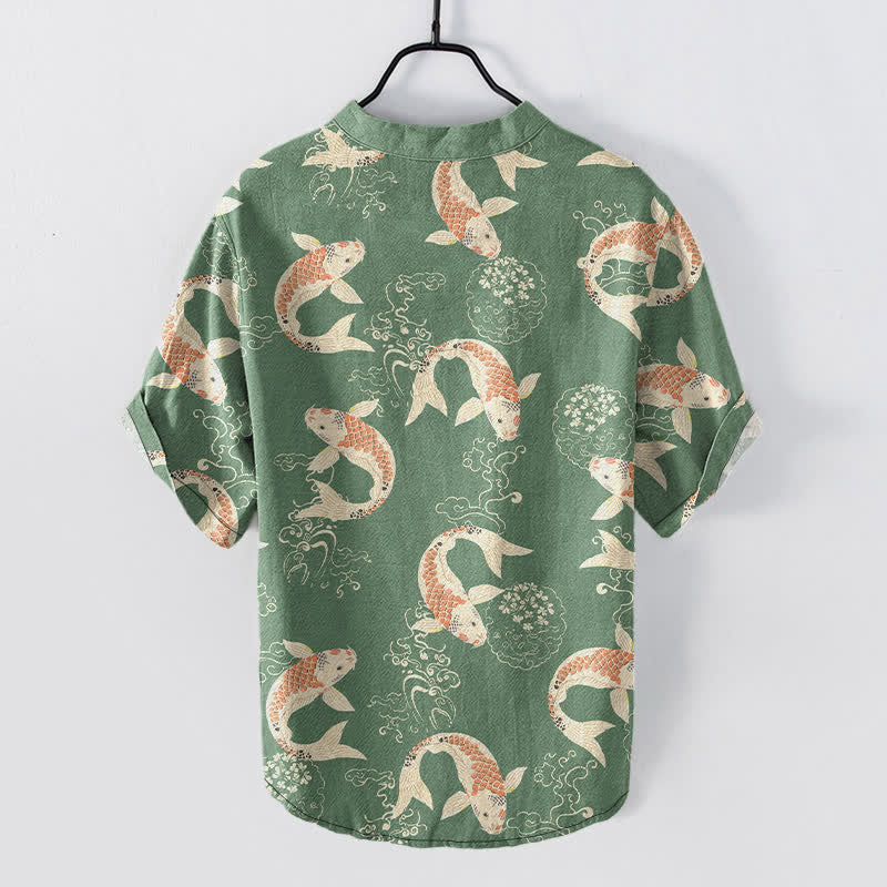 Buddha Stones Cotton Koi Fish Ripple Pattern Men's Short Sleeve Half Button Shirt - image 8