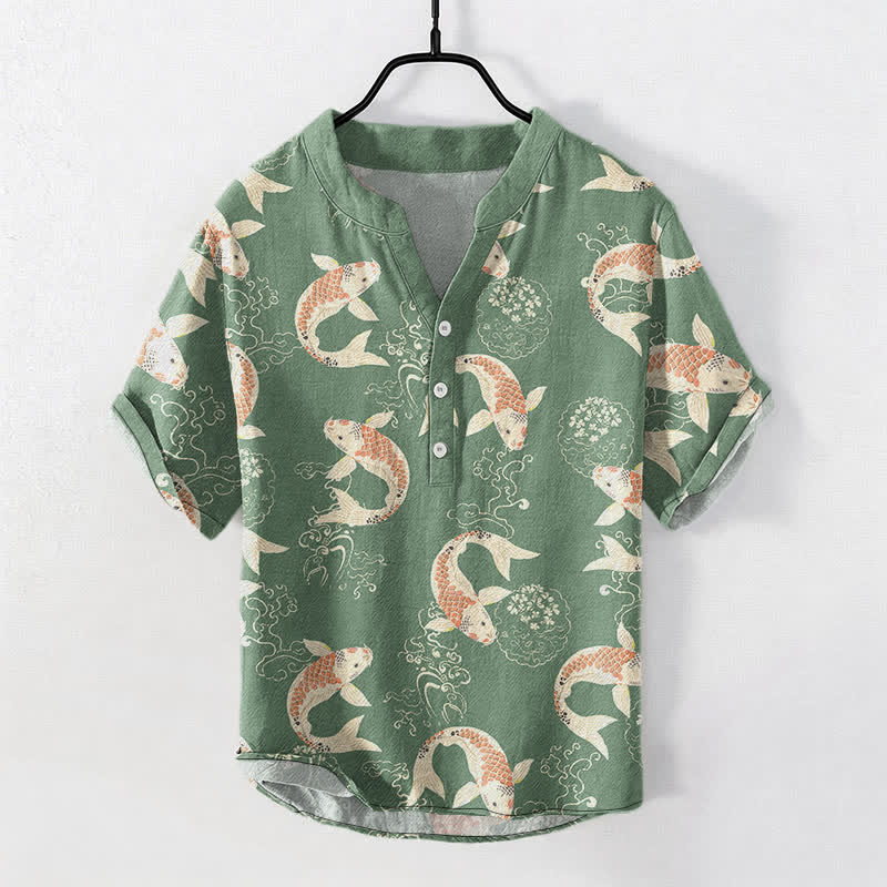Buddha Stones Cotton Koi Fish Ripple Pattern Men's Short Sleeve Half Button Shirt - MediumSeaGreen - US/UK/AU50，EU60 (5XL) - image 7