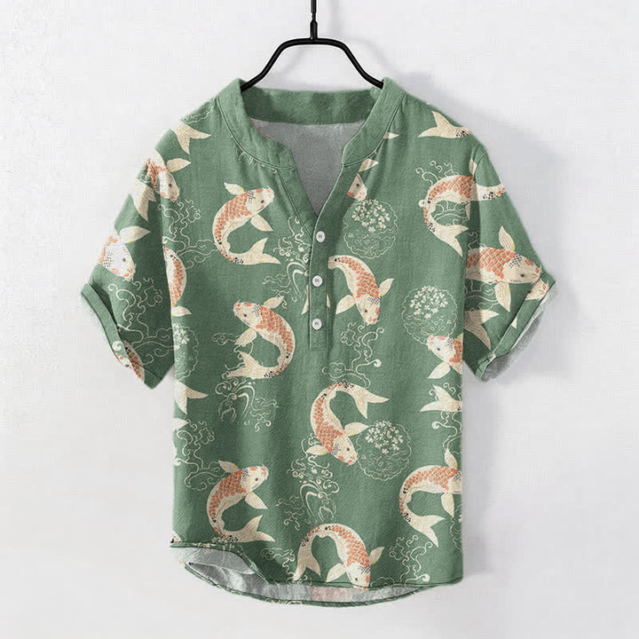 Buddha Stones Cotton Koi Fish Ripple Pattern Men's Short Sleeve Half Button Shirt - MediumSeaGreen - US/UK/AU50，EU60 (5XL) - image 7