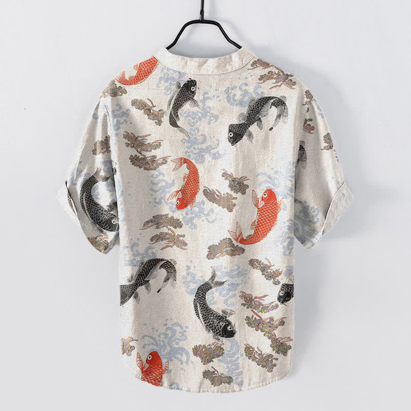Buddha Stones Cotton Koi Fish Water Wave Pattern Men's Short Sleeve Half Button Shirt - image 1