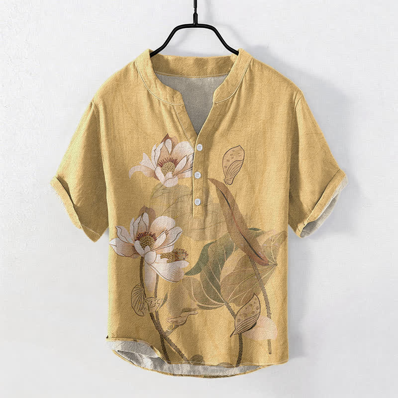 Buddha Stones Cotton Hand Painted Lotus Pattern Men's Short Sleeve Half Button Shirt - Wheat - US/UK/AU50，EU60 (5XL) - image 0