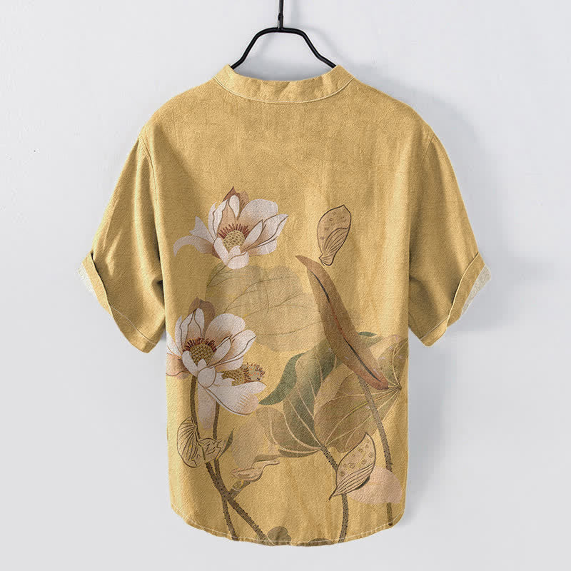 Buddha Stones Cotton Hand Painted Lotus Pattern Men's Short Sleeve Half Button Shirt - image 1