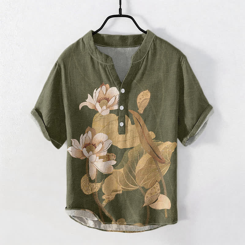 Buddha Stones Cotton Hand Painted Lotus Pattern Men's Short Sleeve Half Button Shirt - DarkOliveGreen - US/UK/AU50，EU60 (5XL) - image 3