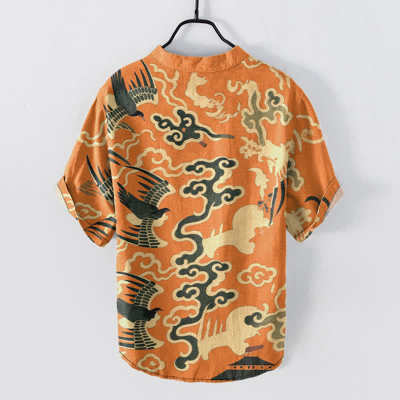 Buddha Stones Cotton Crane Cloud Motif Pattern Men's Short Sleeve Half Button Shirt - image 1