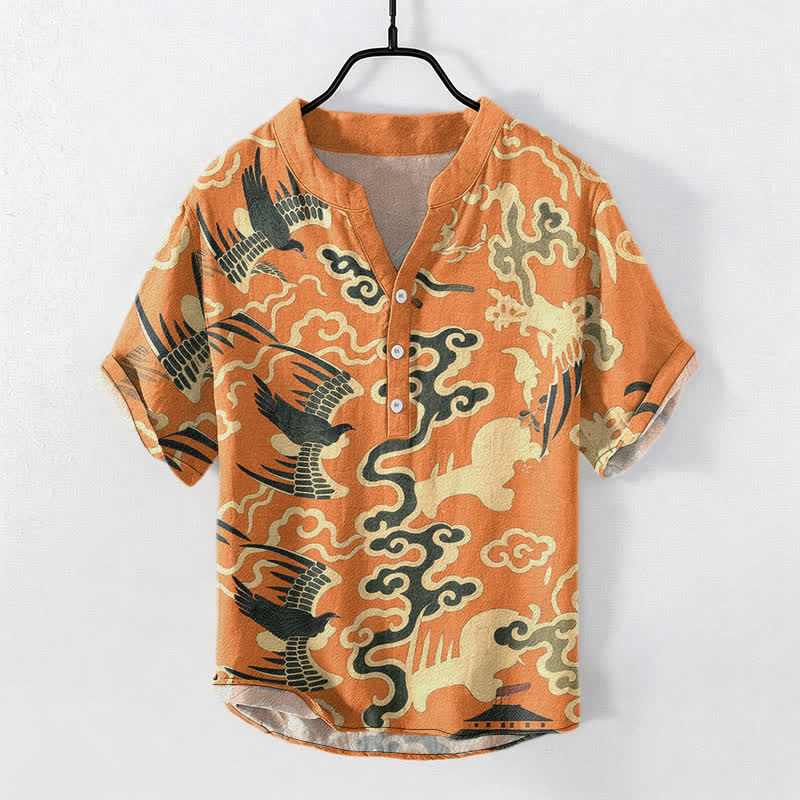 Buddha Stones Cotton Crane Cloud Motif Pattern Men's Short Sleeve Half Button Shirt - DarkOrange - US/UK/AU50，EU60 (5XL) - image 0