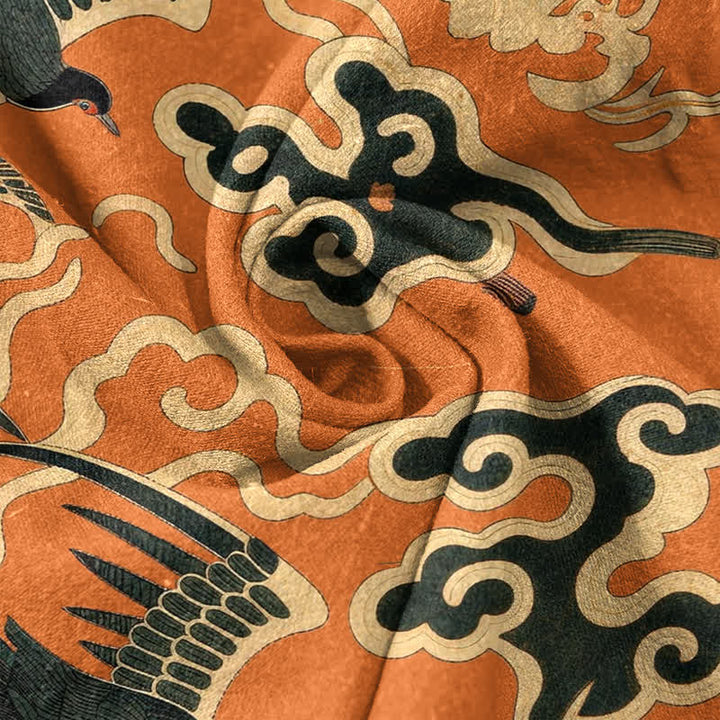 Buddha Stones Cotton Crane Cloud Motif Pattern Men's Short Sleeve Half Button Shirt - image 4