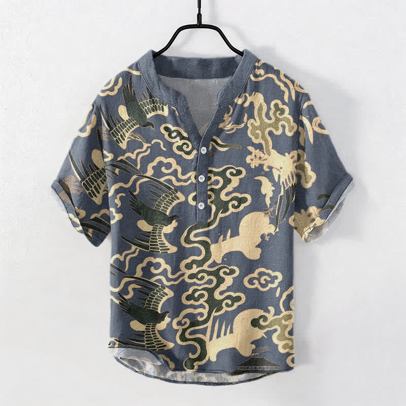Buddha Stones Cotton Crane Cloud Motif Pattern Men's Short Sleeve Half Button Shirt - SlateGray - US/UK/AU50，EU60 (5XL) - image 5