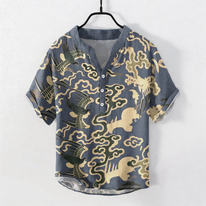 Buddha Stones Cotton Crane Cloud Motif Pattern Men's Short Sleeve Half Button Shirt - SlateGray - US/UK/AU50，EU60 (5XL) - image 5