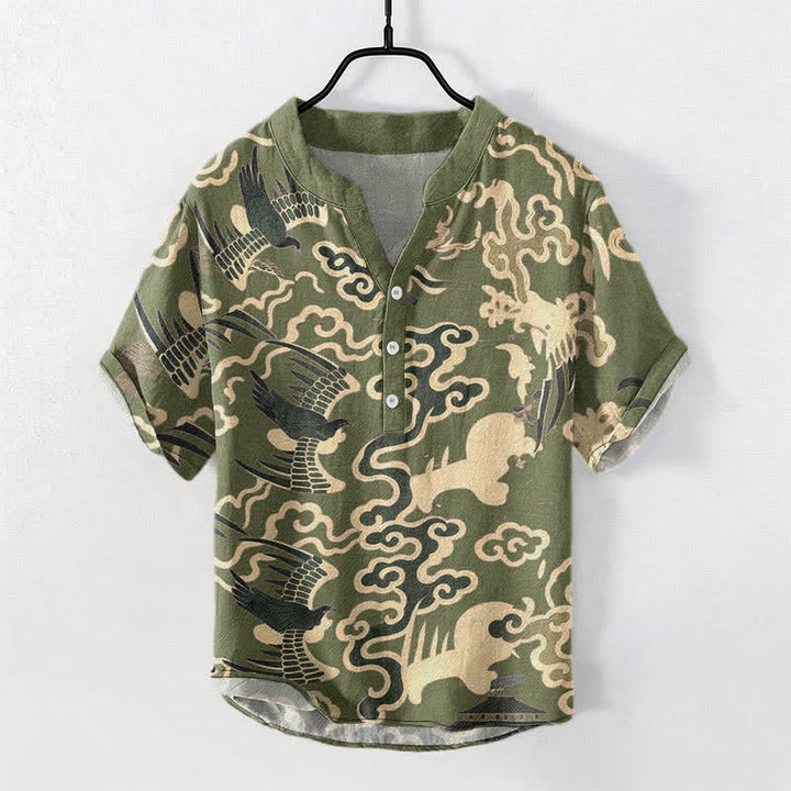 Buddha Stones Cotton Crane Cloud Motif Pattern Men's Short Sleeve Half Button Shirt - OliveDrab - US/UK/AU50，EU60 (5XL) - image 7