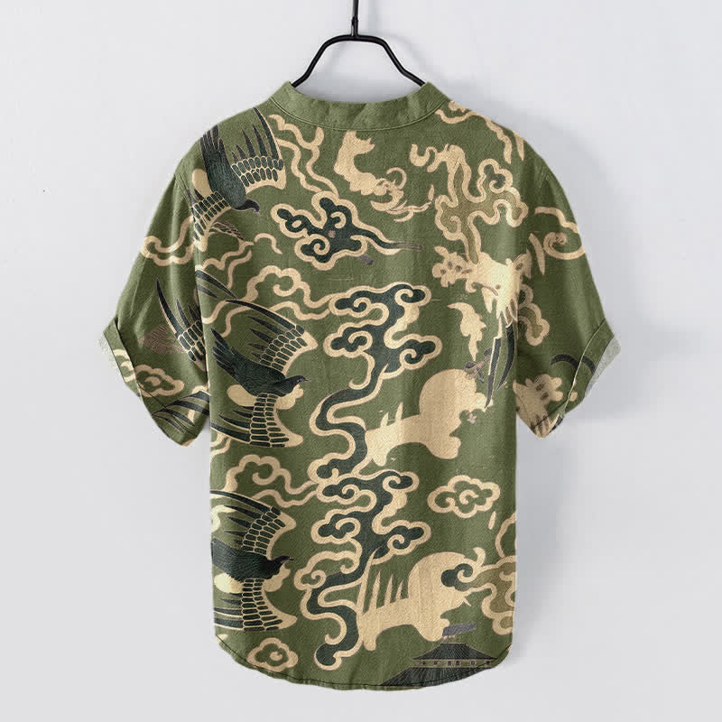 Buddha Stones Cotton Crane Cloud Motif Pattern Men's Short Sleeve Half Button Shirt - image 8