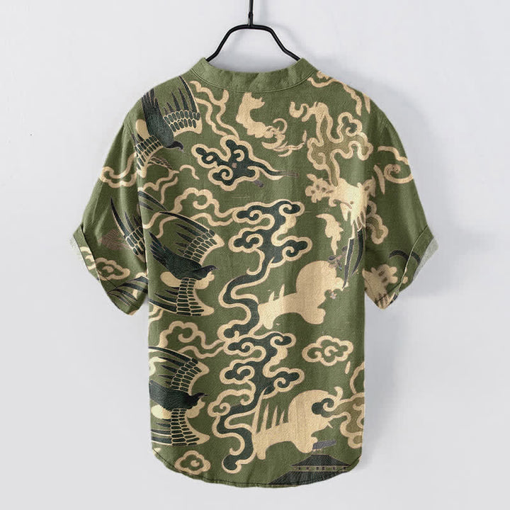 Buddha Stones Cotton Crane Cloud Motif Pattern Men's Short Sleeve Half Button Shirt - image 8