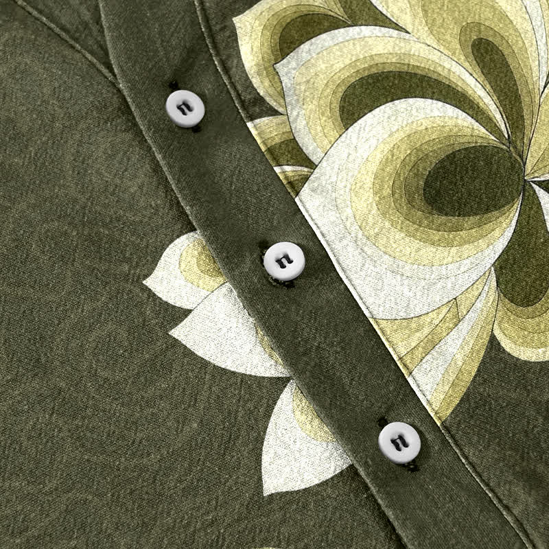 Buddha Stones Cotton Watercolor Lotus Pattern Men's Short Sleeve Half Button Shirt - image 3