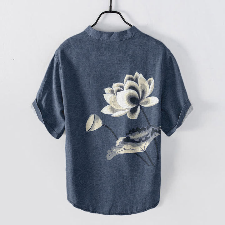 Buddha Stones Cotton Watercolor Lotus Pattern Men's Short Sleeve Half Button Shirt - image 6
