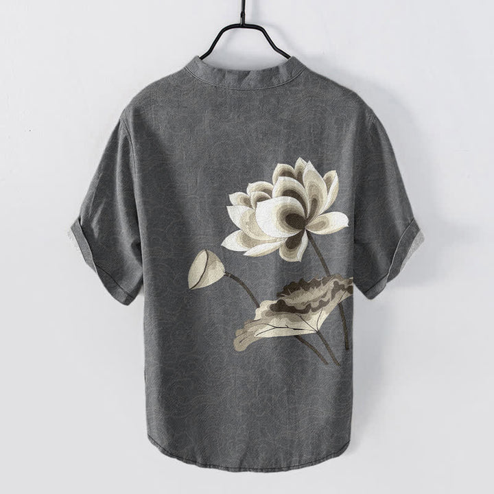 Buddha Stones Cotton Watercolor Lotus Pattern Men's Short Sleeve Half Button Shirt - image 8
