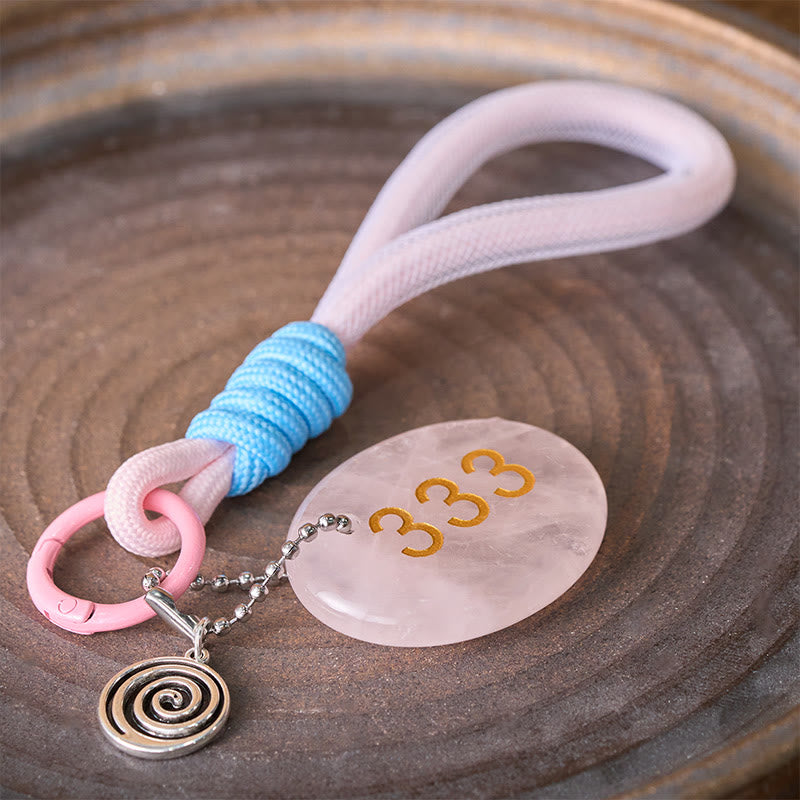 Buddha Stones Wishing Guidance and Strength 333 Angel Number Natural Rose Quartz Key Chain Hanging Decoration Includes Gift Message Card - image 3