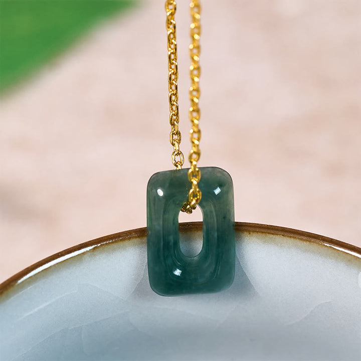 Buddha Stones Mini Square Green Jade Abundance Necklace Pendant - Mini Square-Natural Jade (Color May Vary) - Golden - image 1