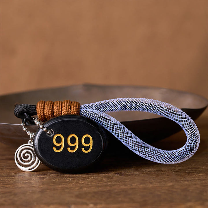 Buddha Stones "Wishing Closure and New Beginnings" 999 Angel Number Natural Black Obsidian Key Chain Hanging Decoration Includes Gift Message Card - image 3