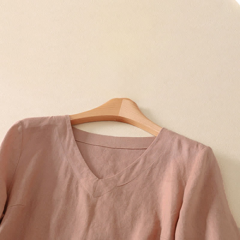 Buddha Stones Summer Minimalist V Neck Solid Women's Short Sleeve T-Shirts - image 6