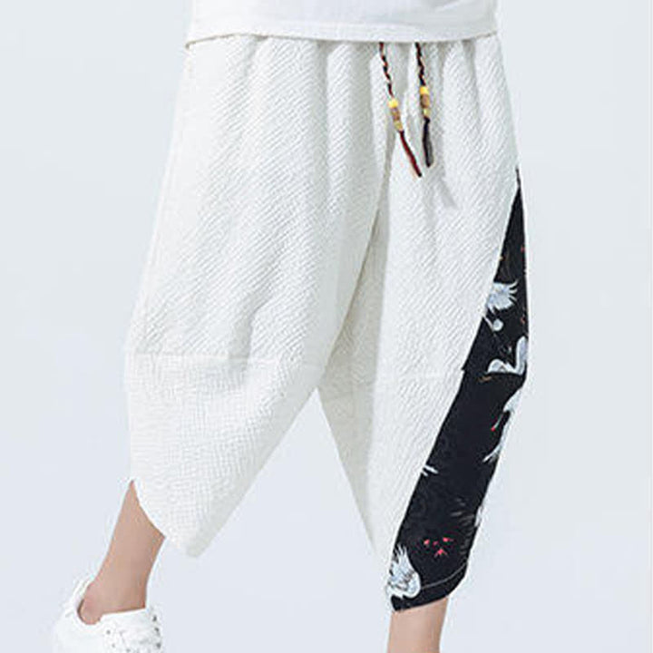 Buddha Stones Summer Drawstring Tassel Crane Print Men's Harem Pants - image 22