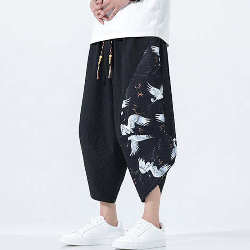 Buddha Stones Summer Drawstring Tassel Crane Print Men's Harem Pants - image 12