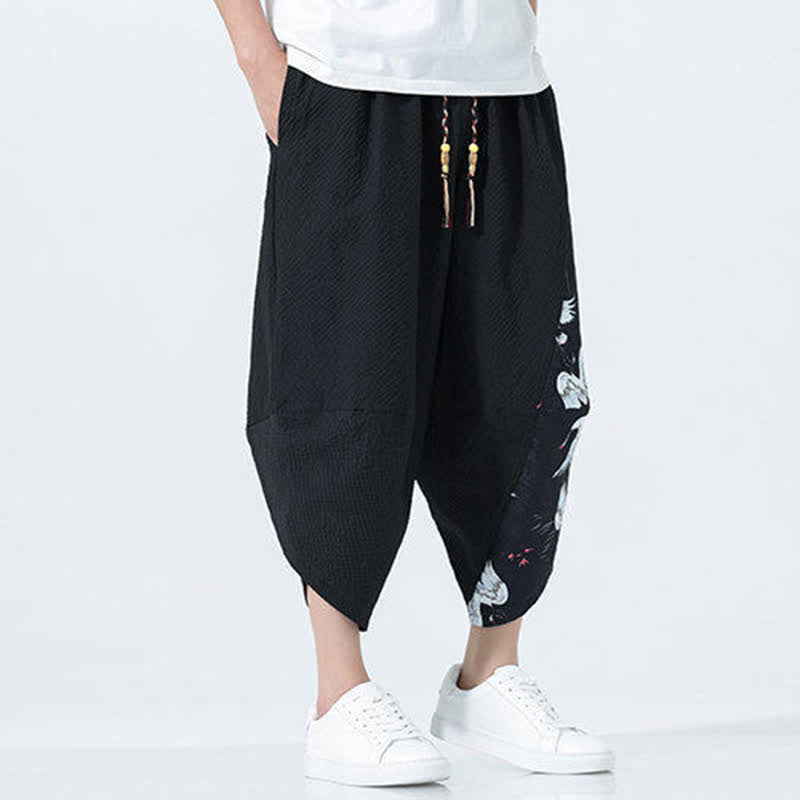 Buddha Stones Summer Drawstring Tassel Crane Print Men's Harem Pants - image 16