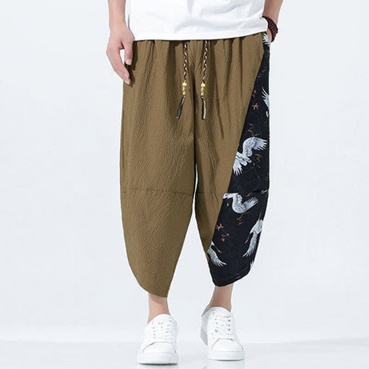 Buddha Stones Summer Drawstring Tassel Crane Print Men's Harem Pants - image 1