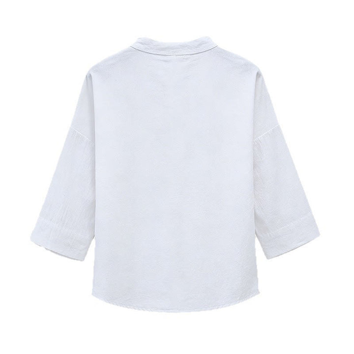 Buddha Stones Summer Tang Style Embroidery Mandarin Collar Calligraphy Print Men's Elbow-Length Sleeve T-Shirts - image 2