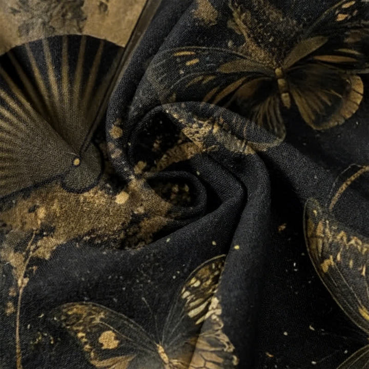 Buddha Stones Gold Foil Butterfly Fan Floral Pattern Women's Elastic Waist Pants With Pockets - image 3