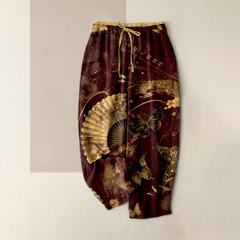 Buddha Stones Gold Foil Butterfly Fan Floral Pattern Women's Elastic Waist Pants With Pockets - Maroon - US16，UK/AU20，EU48 (3XL) - image 4