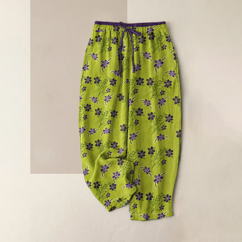 Buddha Stones Pure Cotton Purple Floral Leaf Pattern Women's Elastic Waist Pants With Pockets - YellowGreen - US16，UK/AU20，EU48 (3XL) - image 0